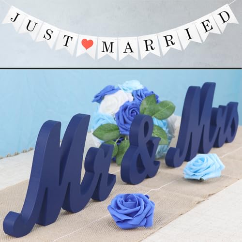 Mr & Mrs Signs Rustic Table Decorations, Freestanding Wooden Letters for Photo Props, Anniversary & Wedding Shower Gift (Navy Blue + Banner) - color: Navy Blue with banner