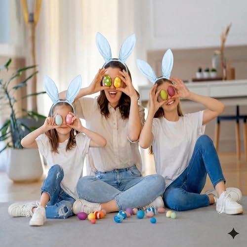 Cute Blue Plaid Easter Bunny Ears Headband for Women, Adjustable Floral Hairband for Easter Party & Spring Photo Prop