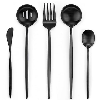 Matte Black Serving Set，Oliviola 5-Piece Stainless Steel Large Hostess Set with Round Edge, Satin Finished, Dishwasher Safe -Large Spoon, Large Fork,Butter Knife，Sugar Spoon & Slotted Spoon - color: Black, size: 5-piece