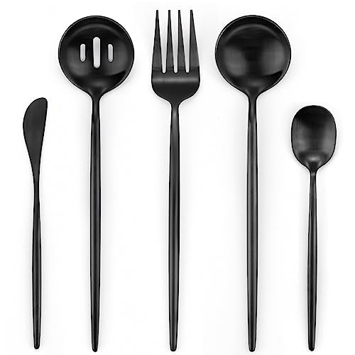 Matte Black Serving Set，Oliviola 5-Piece Stainless Steel Large Hostess Set with Round Edge, Satin Finished, Dishwasher Safe -Large Spoon, Large Fork,Butter Knife，Sugar Spoon & Slotted Spoon - color: Black, size: 5-piece