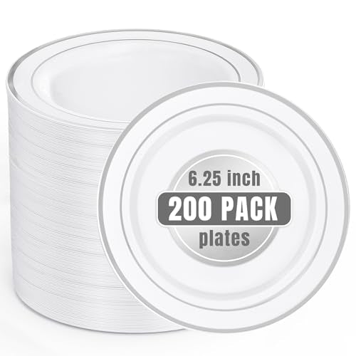 bUCLA 200PCS Silver Plastic Plates - 6.25inch White with Silver Trim Disposable Salad/Dessert/Appetizer/Small Cake Plates - Ideal for Wedding & Party - color: 6.25Inch-200pcs-Silver