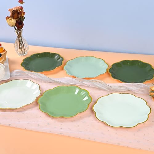 AimFun Sage Green Party Plates Gradient Green Dessert Paper Plate 7inch Gold Foil Scalloped Edge Disposable Cake Plates for Christmas Birthday Bridal Baby Shower Wedding Party Supplies (48) - color: Sage Green