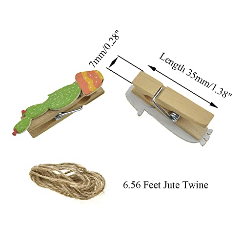 HAHIYO Cactus Painted Mini Wooden Clothespin Clip with 6.56 Feet Jute Twine Photo Paper Holders 1.38inch Tight Clamp Not Fray Rope Post Notices Handy Read for Hanging Postcard Wedding 20PCS - size: Cactus(with rope) 1.38 inches 20 Pack