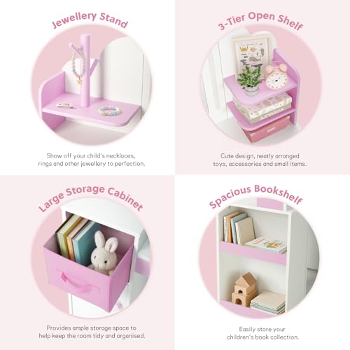 Kids Vanity with Lights and Chair, Princess Makeup Vanity Desk with Mirror Bookshelf Storage Cabinet,3 in 1 Toddler Vanity Table,Children Makeup Dressing Table,Pretend Play Vanity Set for Little Girl