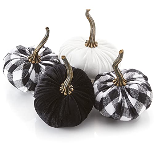 Your Heart's Content Set of 4 Small Velvet and Flannel Pumpkins, Black and White Buffalo Plaid Decor, Black Pumpkin Shelf Sitters, Farmhouse Bowl Fillers, Halloween (2 Buffalo Plaid, Black, Ivory) - color: 2 Buffalo Plaid, Black, Ivory