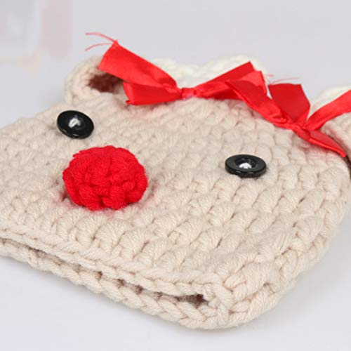 Ypser Infant Baby Knitted Beanie Photo Prop Crochet Knit Cap Christmas Cap Deer Hat with Bow - color: Beige(0-3 Months), size: One Size