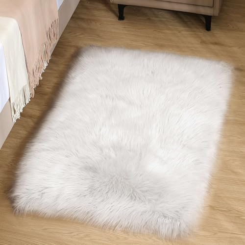 Goolela White Fluffy Faux Fur Rug for Bedroom Faux Sheepskin Rug 2x3 White Fuzzy Furry Bedside Carpet Dining Room Playroom Dorm Small Washable Rectangle - color: White, size: 2' x 3' (Rectangular)