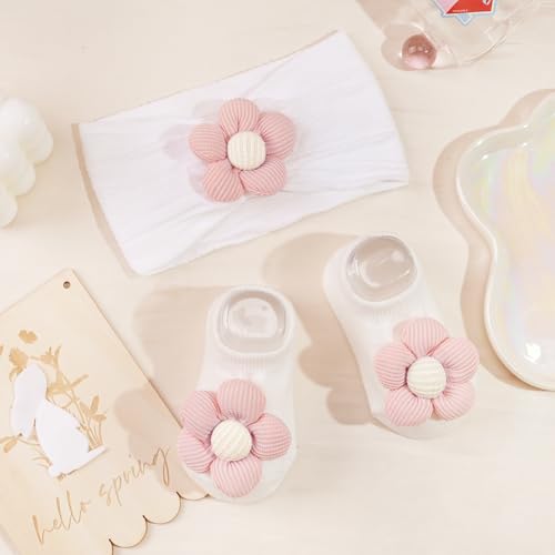 CÉLLOT Baby Girl Headband and Socks, Non-Slip Floral Socks and Soft Floral Nylon Hairbands for Babies Infants and Toddlers - color: Pink+Beige（Socks）
