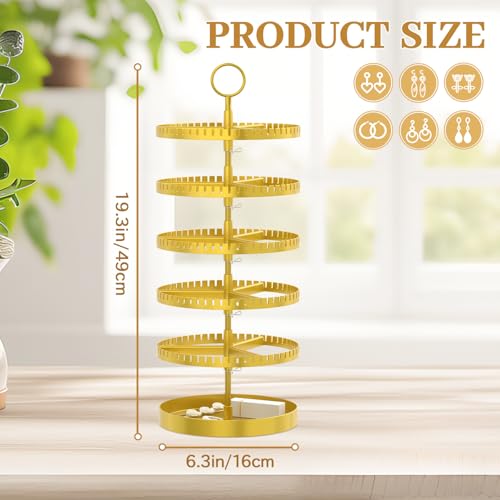 MODOWEY 5 Tier Rotating Earring Holder Organizer Display Tree with Metal Tray, Adjustable Plastic Stand with 285 Slots for Stud Hoop Hanger, Large Capacity Storage Rack for Women Space Saving, Gold - color: Golden