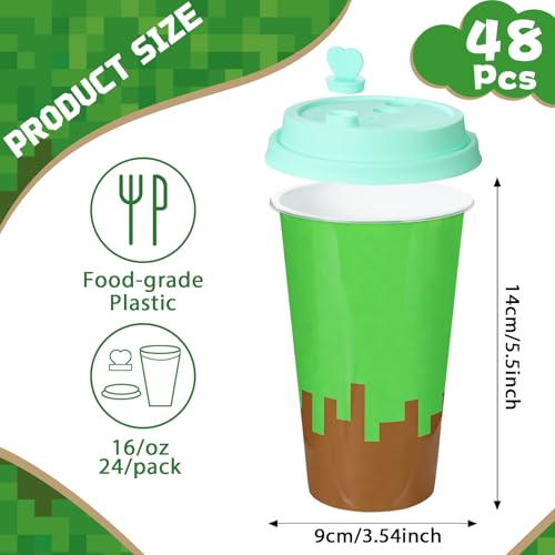 48 Pack Pixel Party Favors Goodie Cups Video Game Birthday Party Cups 16 oz Reusable Pixel Game Themed Plastic Cup with Lid Plugs for Gamer Pixelated Birthday Shower Decorations