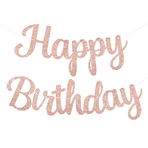 Pre-Strung Rose Gold Happy Birthday Banner NO DIY for Women Men Party Decorations - color: Rosegold