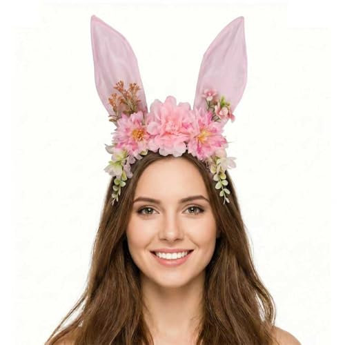 Women Easter Bunny Ears Headband Flowers Crown Rabbit Ears Party Headwear - color: pink