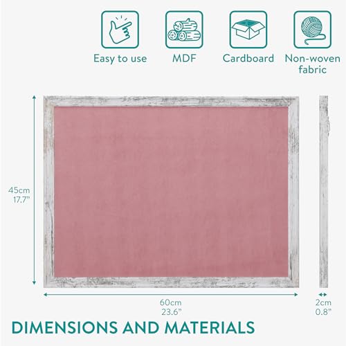 Navaris Framed Fabric Bulletin Board - 18 x 24 inches Plush Jewelry Organizer Pinboard for Wall - Memory Pin Board - Pink with White Rustic Frame - color: White Rustic / Pink