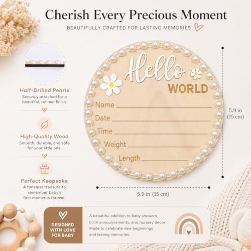Wonhibo Pearl-Trimmed Newborn Announcement Sign - Baby Hospital Photo Prop Wooden Name Board Card for Birth Welcome Hello World - color: Pearl