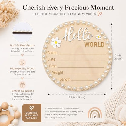 Wonhibo Pearl-Trimmed Newborn Announcement Sign - Baby Hospital Photo Prop Wooden Name Board Card for Birth Welcome Hello World - color: Pearl