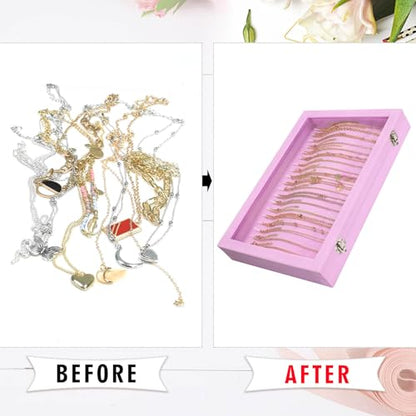 Siveit Necklace Organizer Box Premium 20 Hooks Velvet Necklace Display Jewelry Tray with Transparent Lid Jewelry Necklace Display Box for Necklace Pendants Suitable for Women and Girls (Pink) - color: Pink