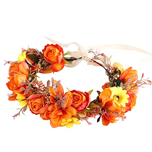 Wedding Floral Crown Women Floral Headband Flower Halo Flower Crown Bridal Party Cosplay Halloween Costume Photos - color: light orange