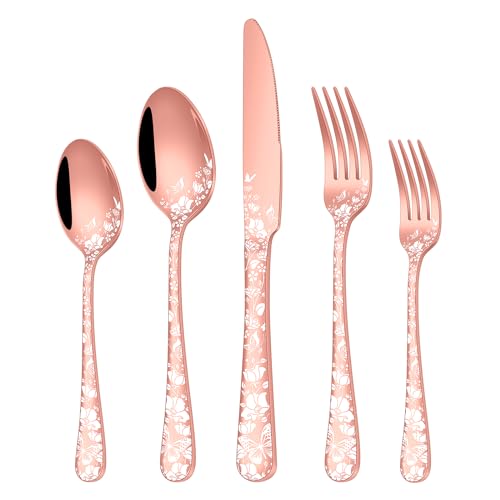 Stapava 40 Pcs Rose Gold Silverware Set, Stainless Steel Copper Silverware Flatware Cutlery Set for 8, Include Forks Spoons and Knives set, Mirror Polished, Dishwasher Safe Utensils Sets - style: Beautiful Laser Rose Gold