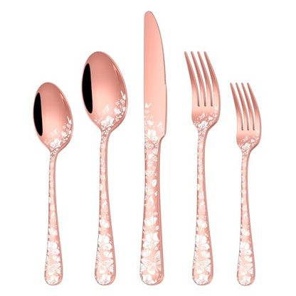 Stapava 40 Pcs Rose Gold Silverware Set, Stainless Steel Copper Silverware Flatware Cutlery Set for 8, Include Forks Spoons and Knives set, Mirror Polished, Dishwasher Safe Utensils Sets - style: Beautiful Laser Rose Gold