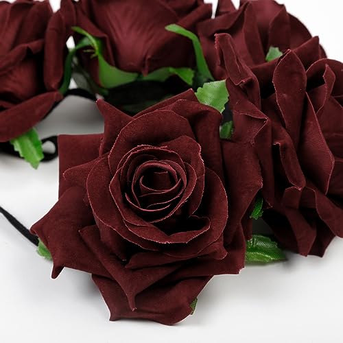 WOVOWOVO Dark Rose Flower Crown Floral Headbands for Women Red Fake Roses Headband for Festival Halloween Cosplay Costume Party Garland Wreath Hair Accessories - color: Burgundy