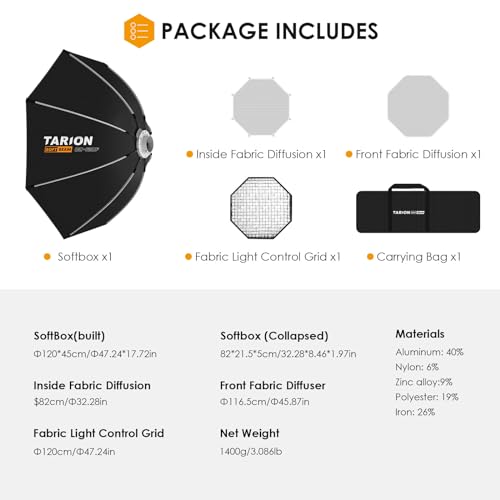 TARION Quick Release Octagonal Softbox - Bowens Mount Softbox with Diffusers/Honeycomb Grid/Carrying Bag for Live Streaming, Photography, Videography (Octagonal 47.2"/120cm) - style: Octagonal 47.2"/120cm
