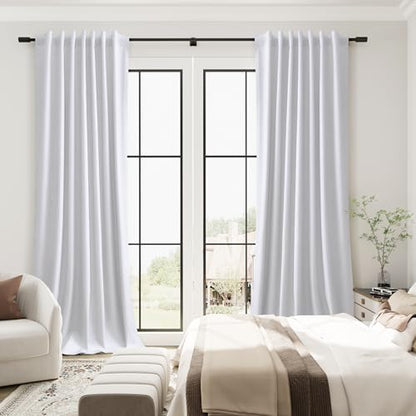 Guken Beige White 100% Blackout Linen Curtains 84 Inches Long 2 Panels Back Tab Hook Belt Country Farmhouse Black Out Room Darkening Thermal Insulated Noise Reducing Curtain Living Room Bedroom 52x84 - color: Beige White, size: 52"W x 84"L (Pack of 2)