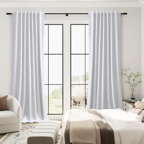 Guken Beige White 100% Blackout Linen Curtains 90 Inches Long 2 Panels Room Darkening Curtain for Bedroom Living Room Back Tab Hook Belt Black Out Insulated Thermal Noise Reduction Window Drapes 52x90 - color: Beige White, size: 52"W x 90"L (Pack of 2)