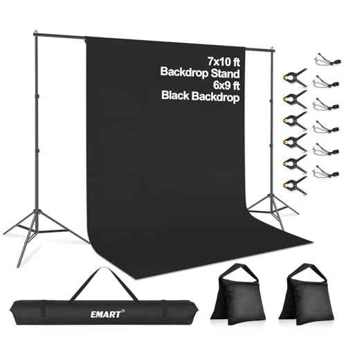 EMART 7 x 10 ft Adjustable Photo Backdrop Stand Kit with 9 x 6ft Portable Black Backdrop Screen, Background Holder Support System Kit for Photography, Party, Live Game, Interviews, YouTube, TIK Tok - color: Black(6*9ft Backdrop), size: 7*10ft Backdrop Sta
