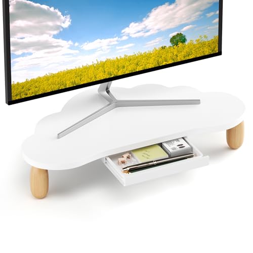 AFOOYO Monitor Stand Riser,Cloud-Shaped Sturdy Wood 16.5In Computer Monitor Riser Wirh Drawer, Multi-Purpose Desktop Organizer Riser for Computer,Laptop,Printer,TV,White - color: White, size: Wirh Drawer