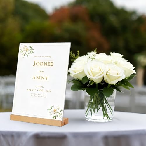 KOOLDE 3 Pack 5x7 Acrylic Sign Holder with Wood Base, L/T Shape Vertical & Slant Back Double Display Stand, Clear Table Menu Holders for Wedding, Restaurant, Office, Home & Hotel Decor - size: 5x7