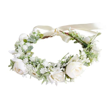 Women Flower Crown Wedding Floral Headband Flower Halo Floral Crown Bridal Party Cosplay Halloween Photos - color: beige white