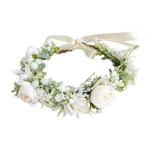 Women Flower Crown Wedding Floral Headband Flower Halo Floral Crown Bridal Party Cosplay Halloween Photos - color: beige white