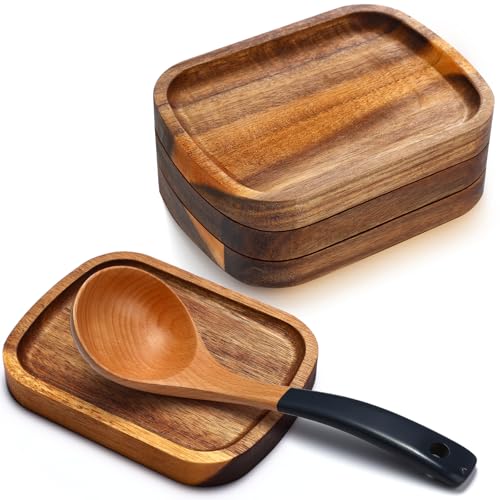 Honeydak 4 Pcs Acacia Wood Spoon Rest for Stove Top Handmade Smooth Wooden Kitchen Spoon Holder for Ladles Tong Cooking Accessories Housewarming Gifts, 5.9" x 4.5" - style: Rectangular
