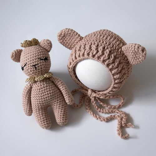 Zeroest Newborn Photography Outfits Boy Girl Bear Props Baby Photoshoot Crochet Bonnet Stuffed Animals for Newborn Photo - color: Light Camel