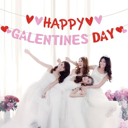 Happy Galentine’s Day Decorations Pre-Assembled Red Glittery Heart Banner Valentines Day Sign Ladies Girls Birthday Party Photo Prop Supplies