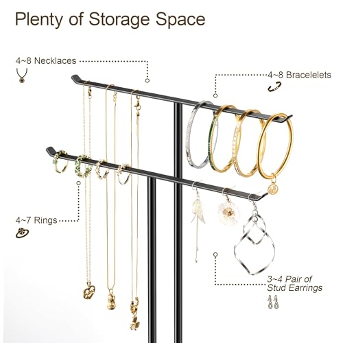 pickpiff Necklace Holder Jewelry Organizer Stand – 2‑Tier T‑Bar Jewelry Display Tree with Tray for Countertop Necklace Bracelet Earring Storage, Vanity Dresser Bathroom Sink, Black - color: Black