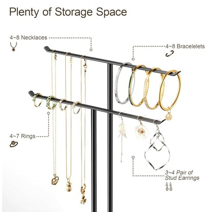 pickpiff Necklace Holder Jewelry Organizer Stand – 2‑Tier T‑Bar Jewelry Display Tree with Tray for Countertop Necklace Bracelet Earring Storage, Vanity Dresser Bathroom Sink, Black - color: Black