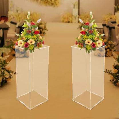 2Pcs Acrylic Display Cube Pedestal, Art Sculpture Stand, Acrylic Flower Stand, Clear Display Flower Tower, Dessert Cake Table Display Pillars for Wedding, Birthday, Banquet Parties Decor (9.84 × 9.84 × 23.62in) - size: 9.84 × 9.84 × 23.62in