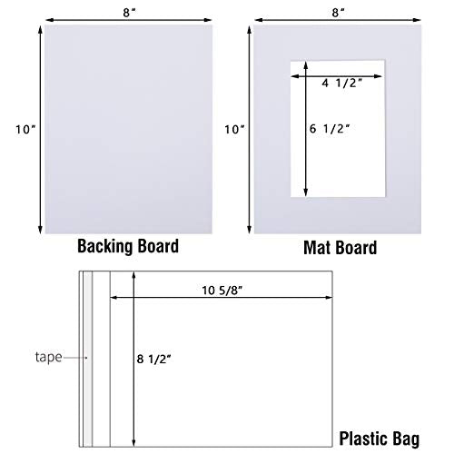 Acid-Free 5 Pack 8x10 Pre-Cut Mat Board Show Kit for 5x7 Photos, Prints or Artworks, 5 Core Bevel Cut Matts and 5 Backing Boards and 5 Crystal Plastic Bags, White - size: 8x10-5 Pack