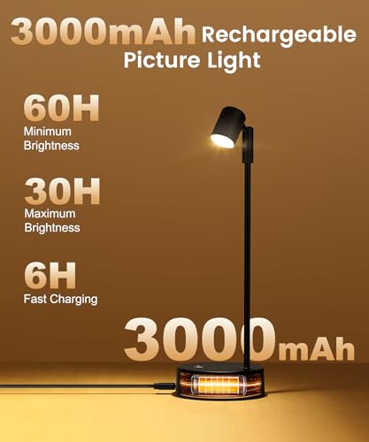 Wireless Battery Operated Picture Light for Wall,3 Color LED Art Lighting for Paintings,Magnetic Rechargeable Dimmable Poster Lights,Remote Control Gallery Light with Timer, Black (1 Pack) - color: 1 Pack