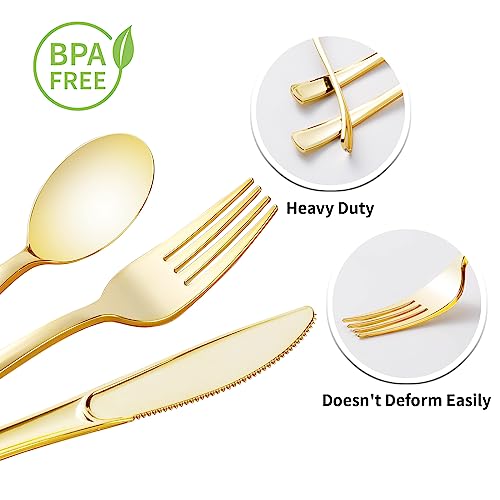 Goodluck 100 Pack Pre Rolled Gold Plastic Silverware, Wrapped Plastic Cutlery Set with Napkin Include 100 Forks, 100 Knives, 100 Spoons and 100 Napkins, Disposable Silverware for Party, Wedding - size: 100pc, style: Gold