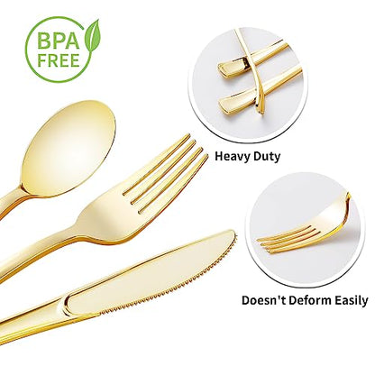 Goodluck 100 Pack Pre Rolled Gold Plastic Silverware, Wrapped Plastic Cutlery Set with Napkin Include 100 Forks, 100 Knives, 100 Spoons and 100 Napkins, Disposable Silverware for Party, Wedding - size: 100pc, style: Gold