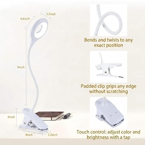 LACOKI Clip on Rechargeable Reading Light for Bed, 3 Color x 3 Brightness 28 LEDs Desk Light, Eye-Caring Desk Lamp with Clamp for Headboard, Table, Desk