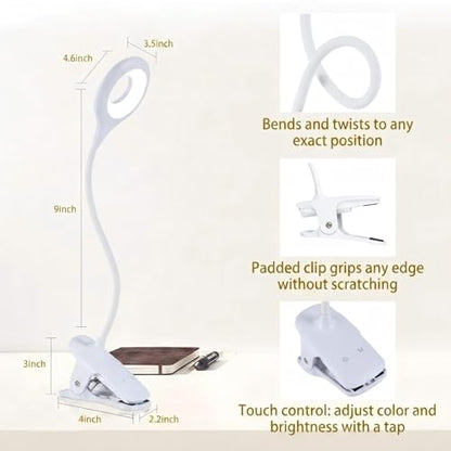 LACOKI Clip on Rechargeable Reading Light for Bed, 3 Color x 3 Brightness 28 LEDs Desk Light, Eye-Caring Desk Lamp with Clamp for Headboard, Table, Desk
