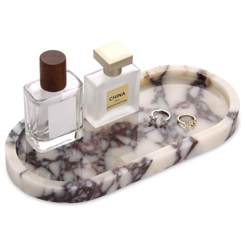 Natural Marble Tray Oval, Bathroom Vanity Tray for Countertop, Elegant Stone Decorative Organizer for Perfume, Jewelry, Home Decor (1, Calacatta Viola, 10 x 5 x 0.6) - color: Calacatta Viola