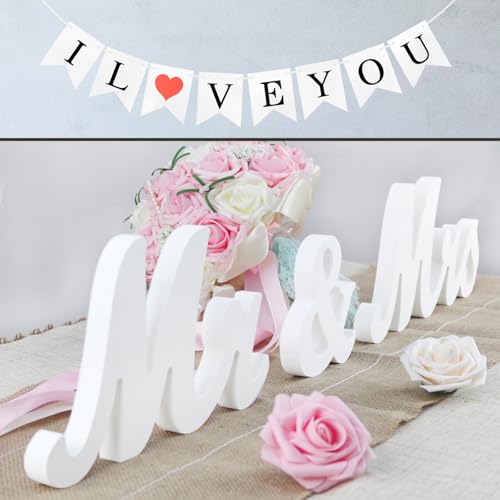 Mr & Mrs Signs Wooden Freestanding Letters for Photo Props, Rustic Decoration, Anniversary & Wedding Shower Gift (White + I LOVE YOU banner) - color: White with I LOVE YOU banner