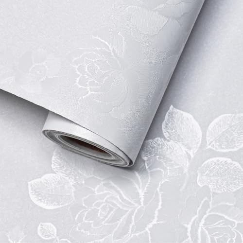 White Wallpaper Silk Embossed Floral White 393inL 17.7inWContact Paper for Cabinets Furniture Textured Thicken Self Adhesive Wallpaper for Bedroom Flower Solid Contact Paper Vinyl Shelf Liner - color: White, size: 17.7" x 393"