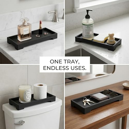 Countertop Vanity Tray - Silicone Bathroom Sink Organizer & Kitchen Soap Tray, Footed Anti-Slip Design, Waterproof Caddy for Perfume, Jewelry, Makeup, Bottle, Oil, Sponge Holder, Black (L10 x W 4.2") - color: Black