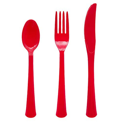 Party Essentials Extra Heavy Duty Hard Plastic Cutlery Combo Pack, Full Size Knives/Forks/Spoons, Red, 48-Pieces/ 16-Place Settings (N1224RD-2) - color: Red, size: 48-Pieces/ 16-Place Settings