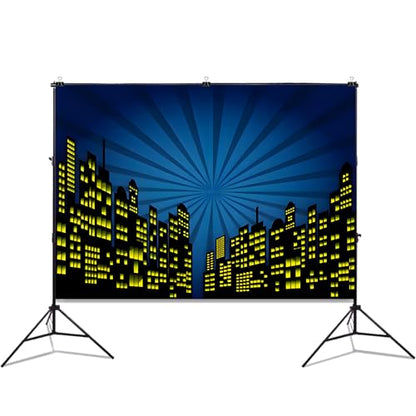 7x5ft Polyester Cartoon Super City Background Skyline Skyscraper Urban Light Boom Photography Backdrop Children Super Boy Happy Birthday Backdrop Super City Party Photo Studio Props - size: 7x5 FT